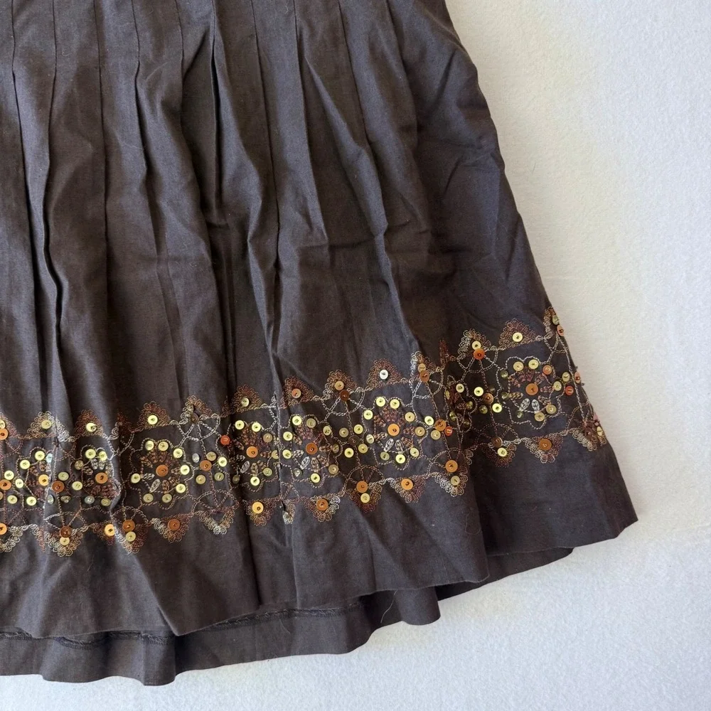 Ann Taylor Loft Brown Linen Blend Pleated Sequin Hem A-Line‎ Skirt Womens 10